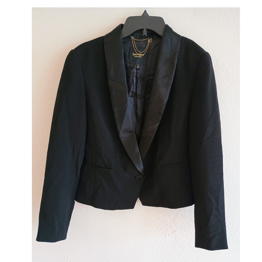 Juicy Couture Womens Black Satin Shawl Lapel Tuxedo Blazer Jacket Size 8